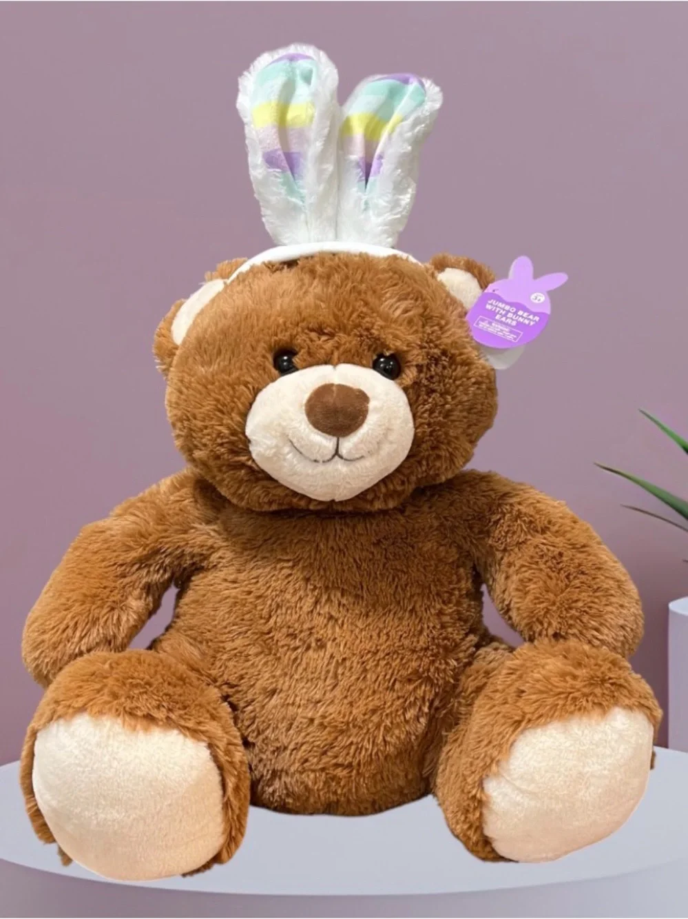 NWT Jumbo Plush Brown Teddy Bear with Easter Bunny Ears Headband